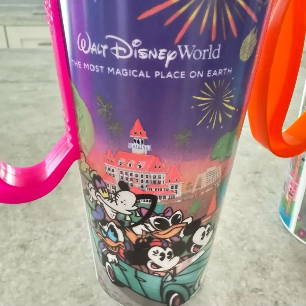 Walt Disney World Refillable Plastic Souvenir Cups Pink and Orange Set of 2